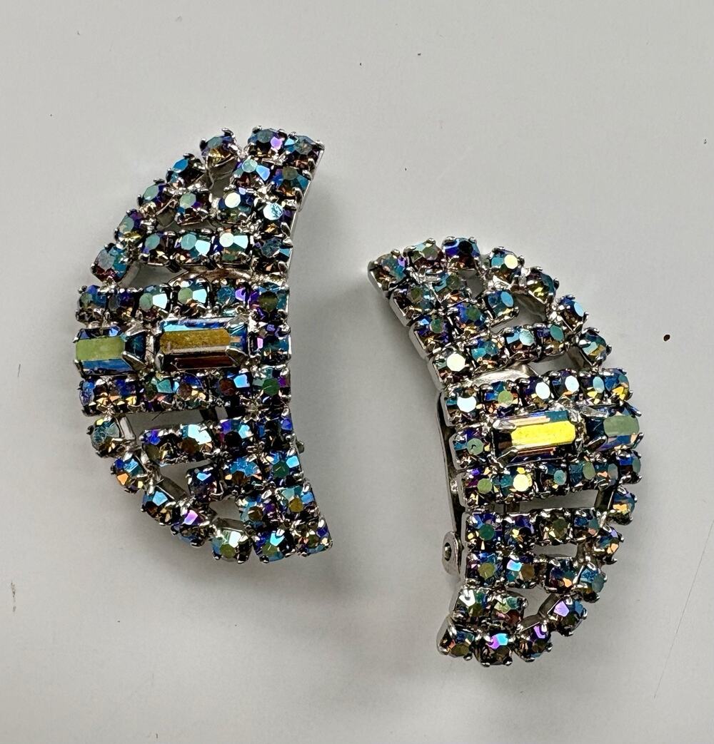 VTG Rhinestone Earrings Clip-on Large Half Moon AB Aurora Borealis Dramatic